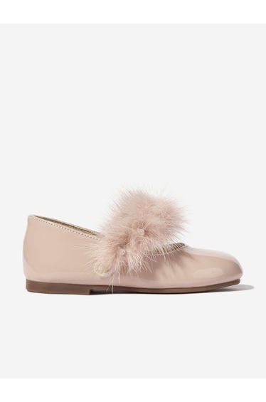 BABYWALKER Girls Patent Leather Faux Fur Trim Ballerinas in Pink