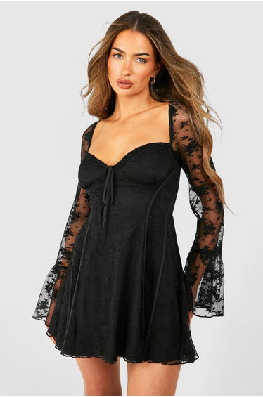 Lace Baby Doll Flare Sleeve Mini Dress - black