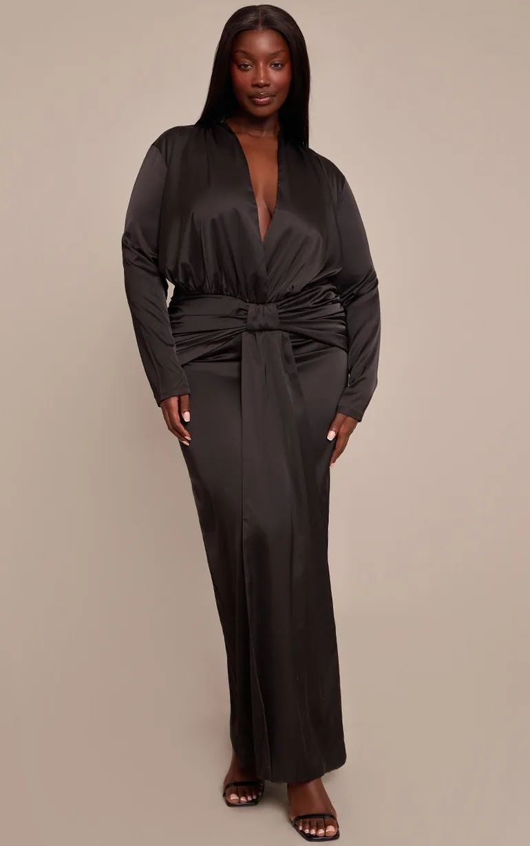 black satin maxi dress plus size Xpluswear Design Plus Size Formal Black Round Neck Puff Sleeve Short Sleeve  Split Satin Maxi Dresses Black-XL/14-16