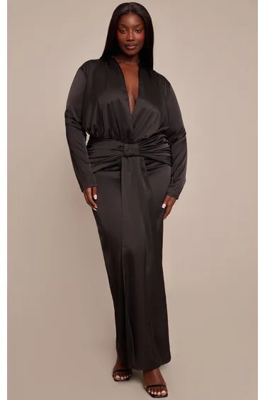 Plus Black Satin Twist Drape Front Maxi Dress