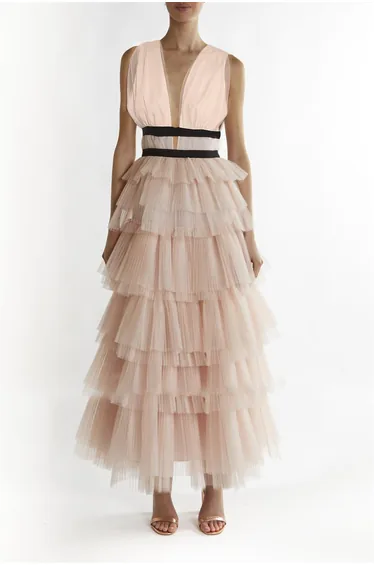 فستان ماكسي بياقة V لون بيج - برتقالي