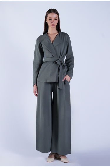 Women's Khaki Self-Belted Long Jacket and Double-Pocket Trousers Set