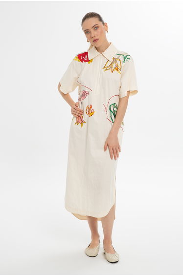 Short Sleeve Embroidered Ecru Dress