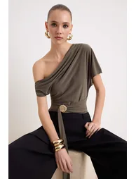 Khaki Asymmetric Collar Accessory Detailed Party Blouse - 1