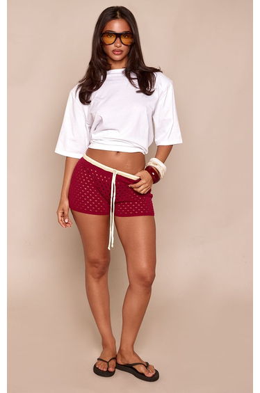 Petite Burgundy Cut Out Drawstring Waist Knitted Shorts