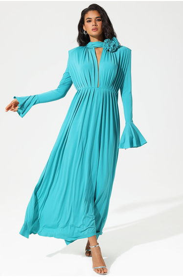 Lorraine High Collar Flower Midi Dress Blue in Blue