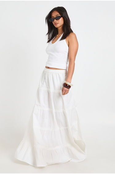 Petite Tiered Cotton Poplin Maxi Skirt - white