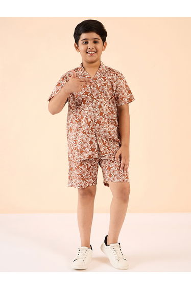 Brown Rayon Printed Shirt & Shorts Set for Boys