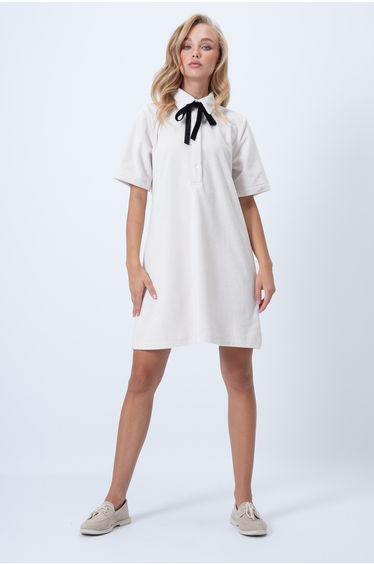 Women's Ecru Polo Neck Half Placket Buttoned Textured Velvet Mini Dress