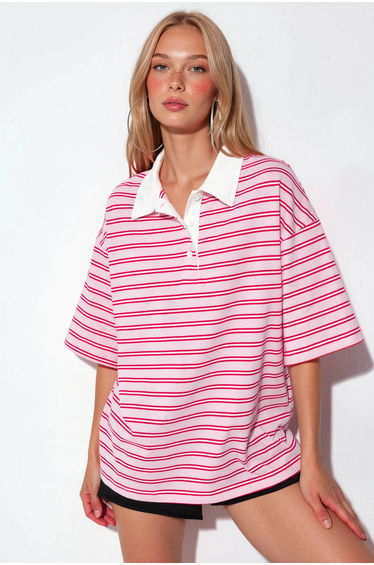 BUSEM Women's Striped Cotton Polo T-Shirt