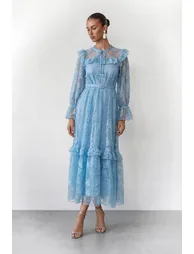 Dreamlight Glow Blue Floral Lace Tiered Ruffle Maxi Dress
