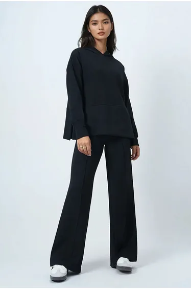 Women's Black Hooded Modal Fabric with Inner Lining Bottom and Top Set