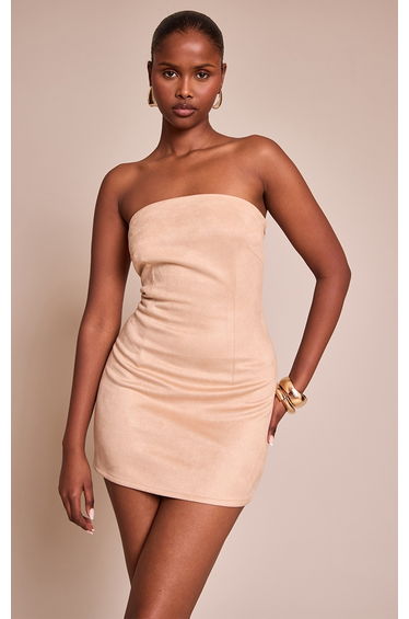 Beige Faux Suede Bandeau Mini Dress