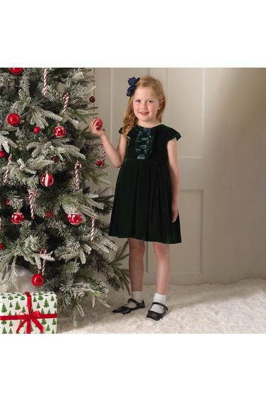 Girls Tartan Bow Velvet Dress in Green
