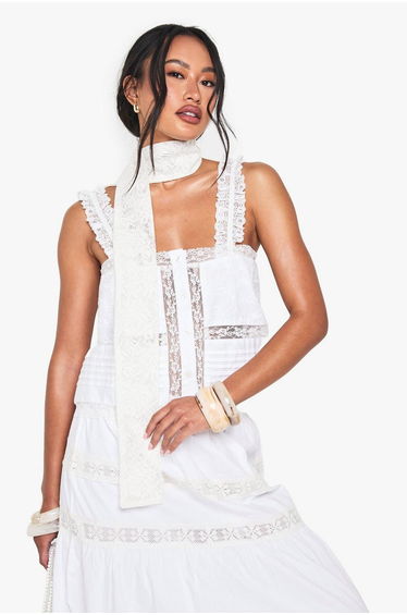 Cotton Poplin Lace Trim Embroidered Square Neck Cami - white
