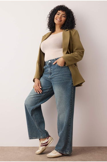 Blue Faded Effect Vintage High Waist Wide Leg Plus Size Wide Leg Jeans