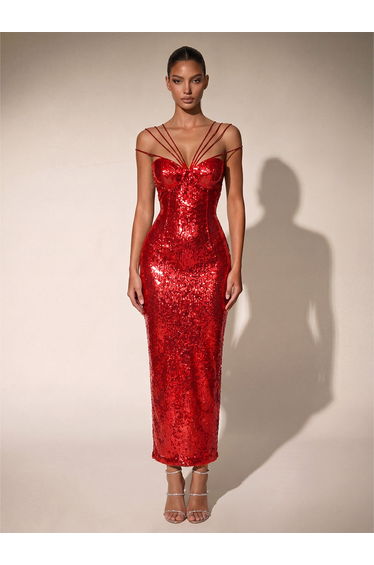 Chiquita Rhinestone Sequin Maxi Dress In Red