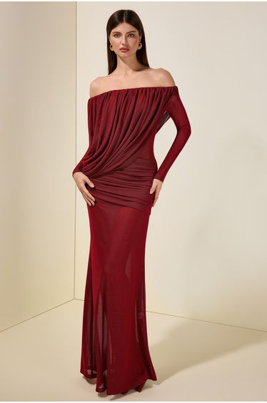 Mesh Asymmetrical Gathering Long Sleeve Maxi Dress
