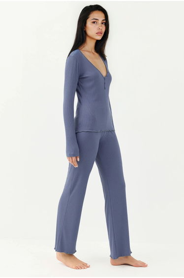 V-neck Wide Leg Pajama Set with Button Detail