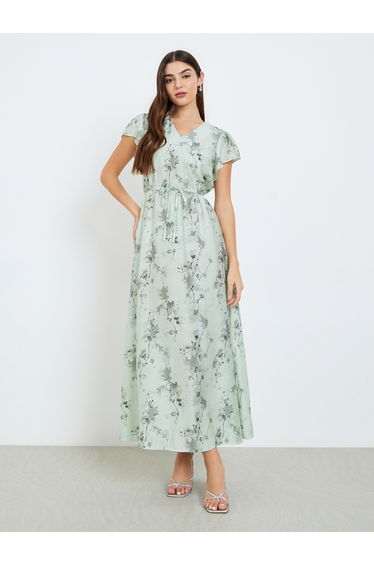 Women Green Floral Print Short Sleeves Maxi Dress