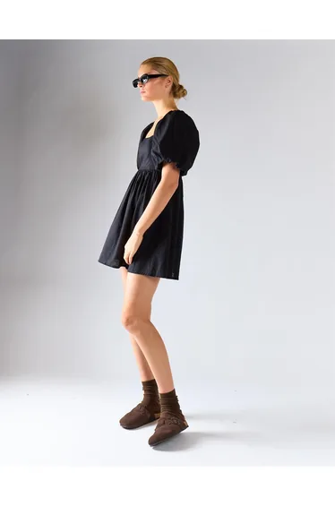 Balloon Sleeve Flowy Mini Dress - Black
