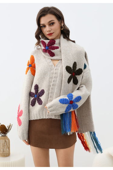 3D Colorful Crochet Flower Knit Cardigan with Tassel Scarf