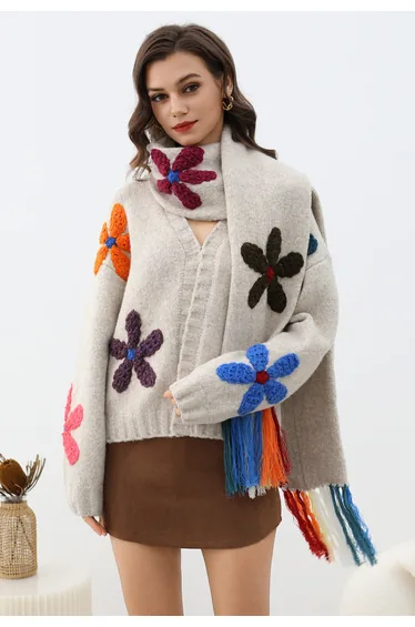 3D Colorful Crochet Flower Knit Cardigan with Tassel Scarf