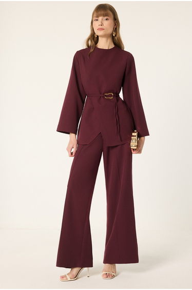 ASYMMETRIC BELT DETAIL JACKET & PANTS SET