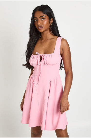 Tie Front Ruched Bust Mini Dress - pink