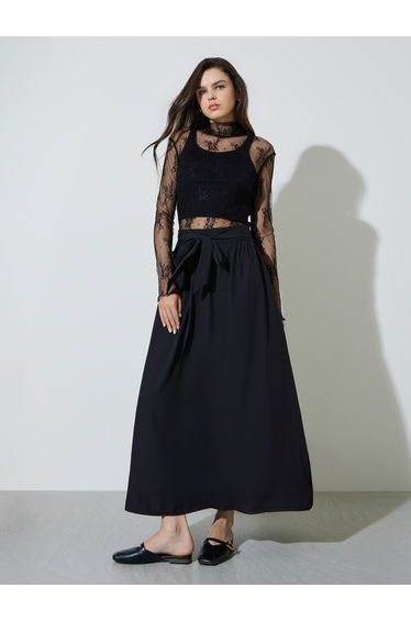 Black Tie-Waist Maxi Skirt with Side Slit