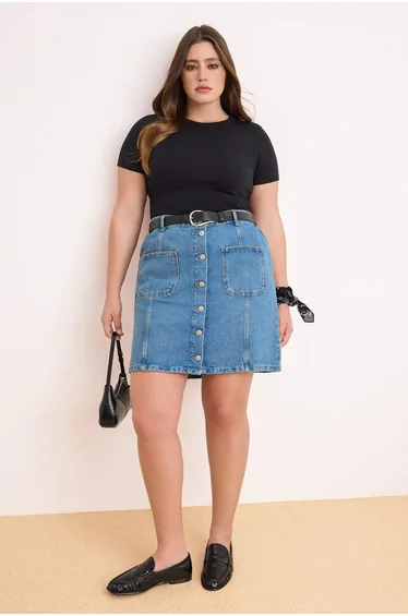 Mavi More Sustainable Front Buttoned Mini 100% Cotton Denim Skirt with Stitching Detail