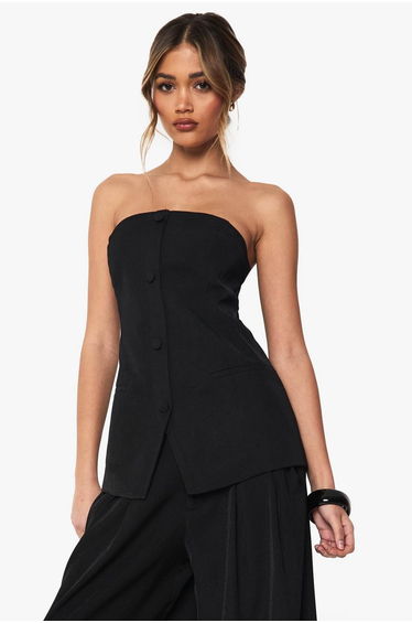 Tailored Woven Bandeau Button Waistcoat - black