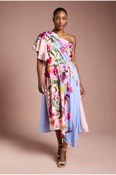 One Shoulder Floral Printed Chiffon Dress