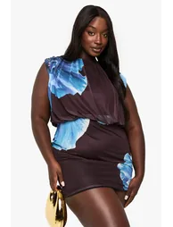 Plus floral mesh blouson rouched mini dress - chocolate