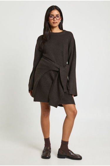 Crew Neck Flared Sleeve Knitted Mini Dress - chocolate