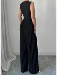 جمبسوت فضفاض بخصر عالي بطيات بياقة V - 4