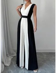 جمبسوت فضفاض بخصر عالي بطيات بياقة V - 2