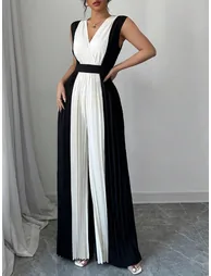 جمبسوت فضفاض بخصر عالي بطيات بياقة V - 3