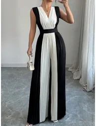 جمبسوت فضفاض بخصر عالي بطيات بياقة V