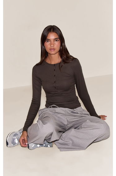 Dark Chocolate Soft Rib Button Up Fitted Long Sleeve Top