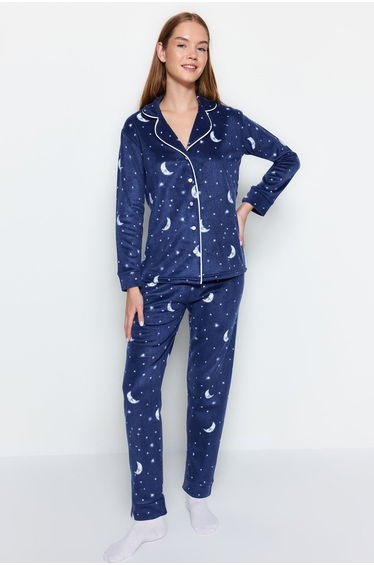 Navy Blue Moon Patterned Polar Fleece Knitted Pajama Set