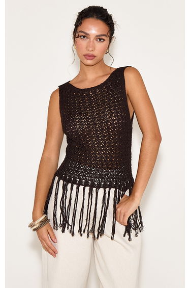 Chocolate Crochet Boat Neck Fringe Top