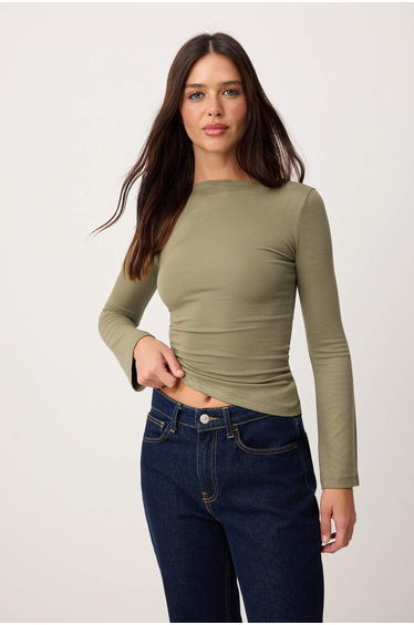 Khaki Fitted/Bodycon Boat Neck Long Sleeve Soft Knitted Blouse