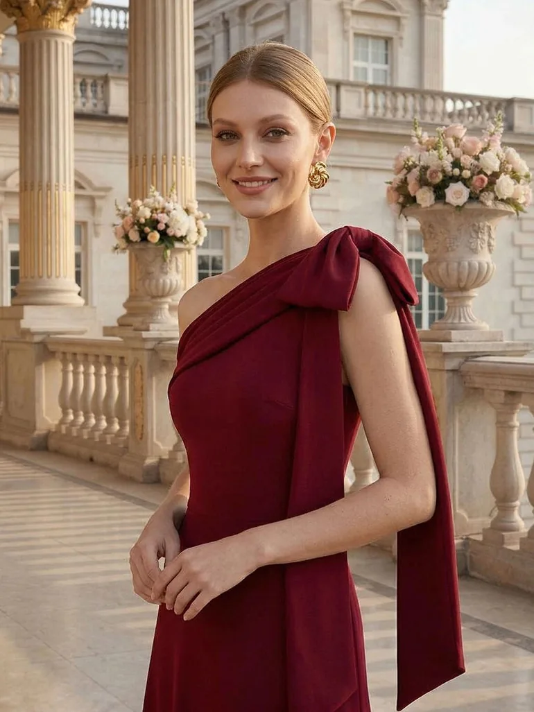 ever NOIR|Asymmetric Shoulder with Bow Knit Black Tie Formal Dress - 9