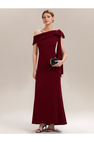 ever NOIR|Asymmetric Shoulder with Bow Knit Black Tie Formal Dress