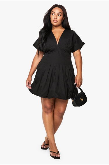 Plus Poplin Panelled Bubble Hem Mini Dress - black