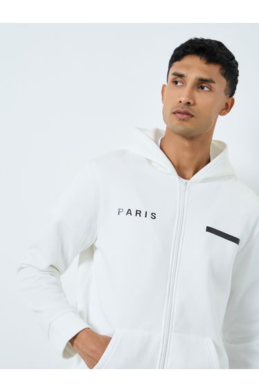 Men White Zip-Up Inner Fleece Hooded Jacket