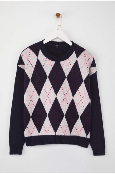 Navy Blue Wide Patterned Diamond Patterned Knitwear Sweater