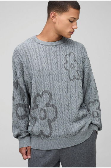 Oversized Cable Knit Floral Crew Neck Knit Jumper