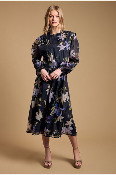 Floral Organza Shirred Waist Midi Dress